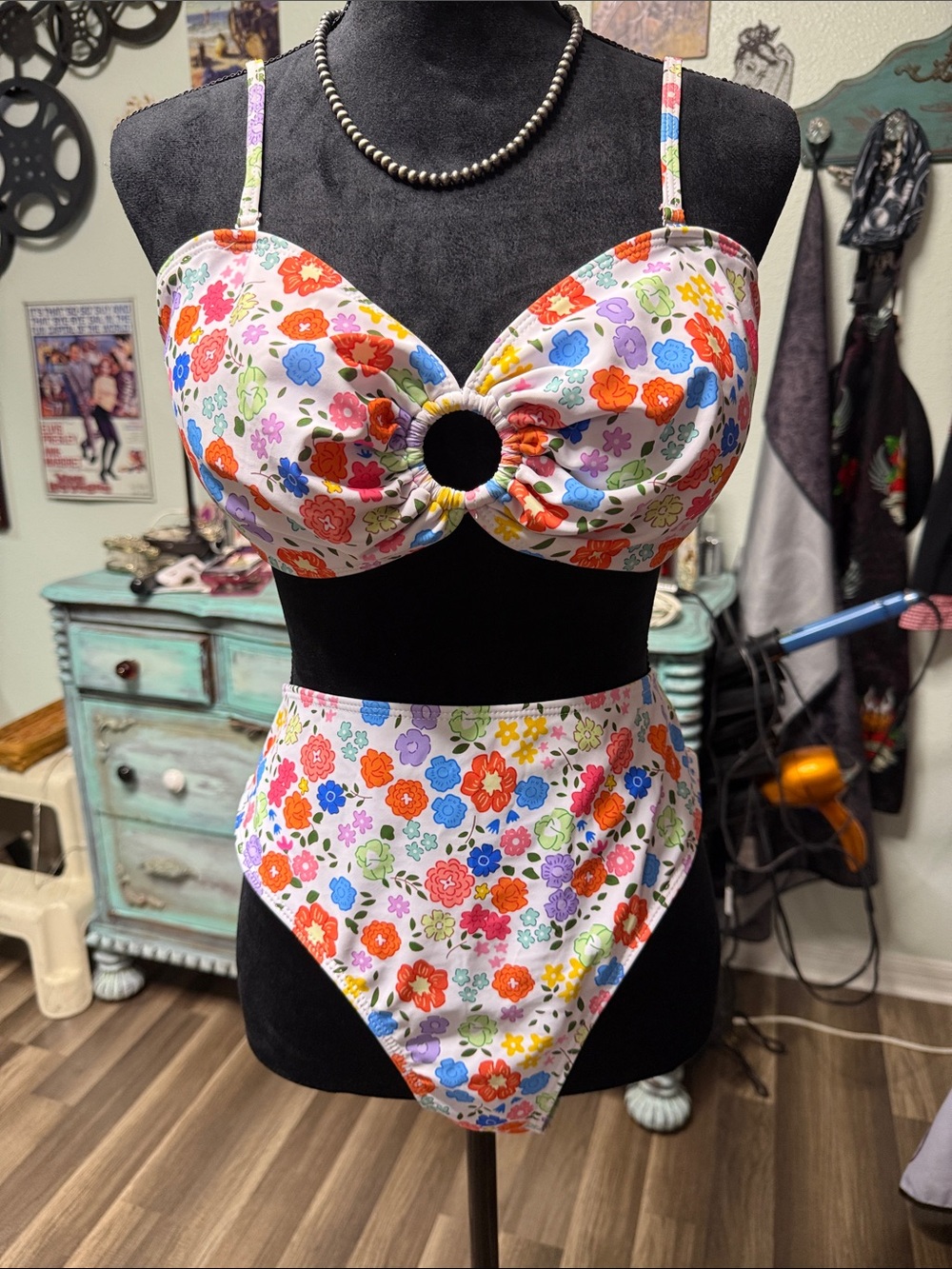 Floral High-Waist Bikini Set with Center Ring